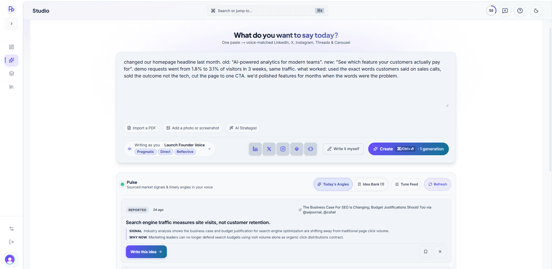 PrimusPost Studio composer holding a rough note about a homepage headline change, with the voice profile and format toggles.